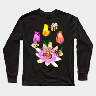 Bee themed gifts for women men and kids spring tulips Blue crown Passion plant pattern flower bumble bee - save the bees Long Sleeve T-Shirt